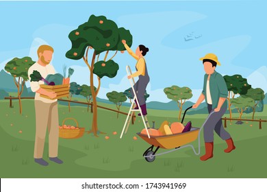 Organic farm composition with flat images and human characters with outdoor apple garden scenery with vegetables vector illustration