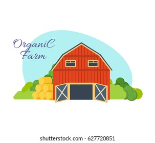 Organic farm concept. Farm surroundings, grounds, fields, agriculture, nature, natural environmentally friendly products. Modern vector illustration isolated on white background.