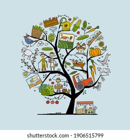 Organic Farm Concept Tree For your Design. Harvest Festival. Agriculture collection. Organic farming eco concept. Fresh products, locally grown and organic food. Farmer's Market. Vector illustration