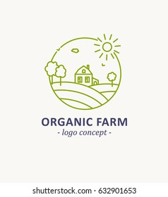 Organic Farm. Countryside House, Sun And Trees.  Agricultural Logo Concept In Linear Style. Ideal For Ecomarket, Vegetarian Products.