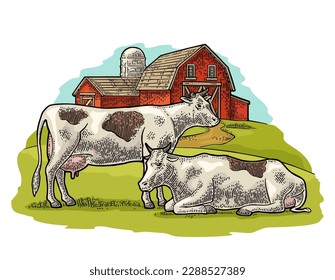 Organic farm and cow free range. Vintage vector engraving illustration for info graphic, poster, web. Isolated on white. Hand drawn in a graphic style.