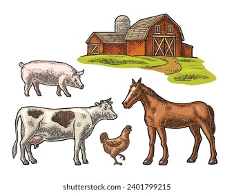 Organic farm. Cow, pig, chicken and horse free range. Vintage vector engraving illustration for info graphic, poster, web. Isolated on white. Hand drawn in a graphic style.