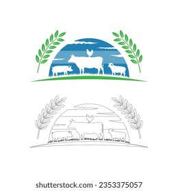 Organic farm with domestic animals vector icon in green and blue tones.
