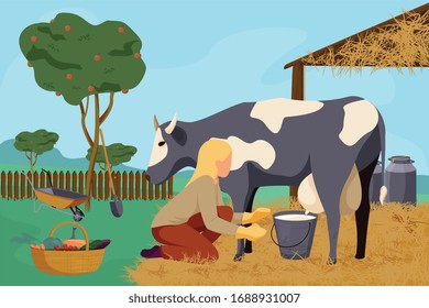 Organic farm flat composition with outdoor landscape apple garden and woman milking cow with gardening instruments vector illustration 