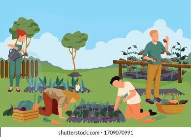 Organic farm flat composition with outdoor landscape and garden with people watering plants weeding gathering fruits vector illustration