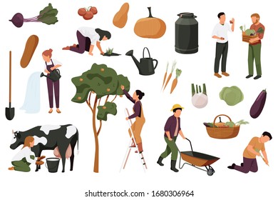 Organic farm flat recolor set with isolated fruit icons images of plants with faceless human characters vector illustration