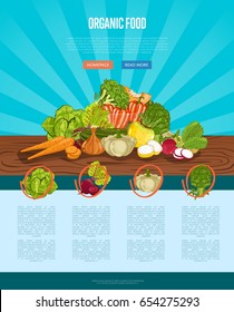 Organic farm food banner with vegetable on wooden table vector illustration. Natural growing, healthy nutrition, vegan product store poster. Food advertising with patison, radish, carrot, cabbage