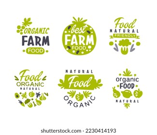 Etiquetas ecológicas de alimentos de granja. Embalaje de productos frescos, mercado agrícola, logotipo de la tienda ecológica, placa de la ilustración vectorial dibujada a mano