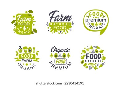 Organic farm food logo design set. Fresh products packaging, farm market, eco store labels, badges hand drawn vector illustration