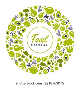 Organic Farm Food Round Banner with Hand Drawn Green Eco Crop Vector Template