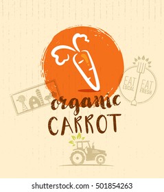  Organic Farm Fresh Eco Carrot Creative Vegetable Icon Illustration On Rough Background.