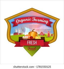 Organic farm fresh food label with milk, dairy products, pumpkin, mill, barn, rural landscape, sun rays. Agriculture farming logo in flat style with organic products for local food markets. Isolated 