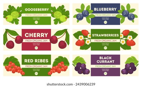 Organic and farm fresh jam logotypes. Tasty dessert topping for dishes, ingredients for cooking and preparing food. Product label, sticker or emblem for package with berries. Vector in flat style