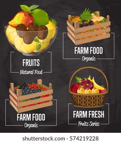 Organic farm fruit set vector illustration. Natural sweet fruit, organic farming, vegan food store, retail farm product label. Healthy fruit advertising with avocado, pineapple, plum, kiwi, persimmon