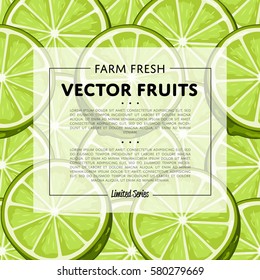 Organic farm fruit square banner with lime vector illustration. Natural fruit background, organic farming template, vegan food retail poster. Healthy farm fruit advertising backdrop with lime pattern