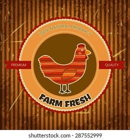 Organic farm funny cartoon label with chicken hen. Hand drawn retro vector illustration poster