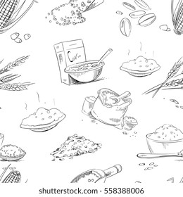 Organic farm grains and cereals, wheat and barley, rye or oats, rice vector seamless pattern. Background with doodle cereals, illustration of farm cereals.