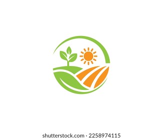 Organic farm Green Agro Logo Design With Fields And Leaves Symbol Creative Vector Template.