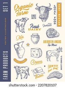 Ökologischer Bauernhof handgezeichnete Logos, Symbole und Illustrationen mit Typografie-Kompositionen. Milch- und Fleischspülung-Schilder mit Kühen, Rindsteaks, Käse und Milchsammlung. Set für die Butlerdesign-Elemente