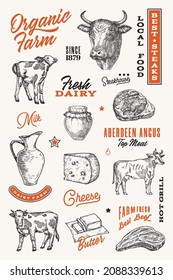 Organic farm hand drawn symbols and illustrations with typography compositions. Dairy and meat silhouette signs with cows, beef steaks, cheese and milk collection. Butchery design elements set