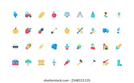 Organic farm harvest of wheat and vegetable, fruits, farmers work equipment and barn color icon set. Fresh food production for local market, tractor, agriculture flat elements vector illustration