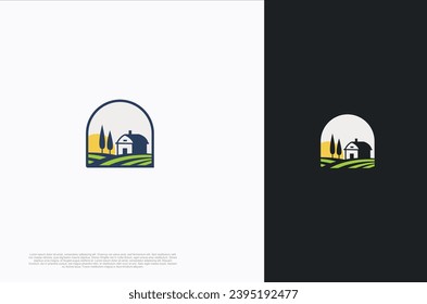 The Organic farm house concept logo with landscape. Farming badge Label for natural products. Vector Illustration
