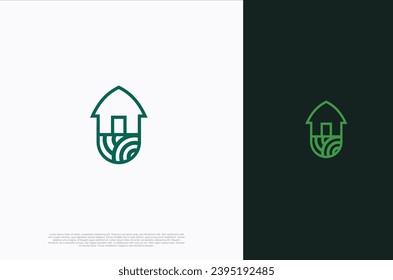 The Organic farm house concept logo with landscape. Farming badge Label for natural products. Vector Illustration
