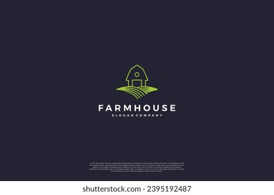 The Organic farm house concept logo with landscape. Farming badge Label for natural products. Vector Illustration
