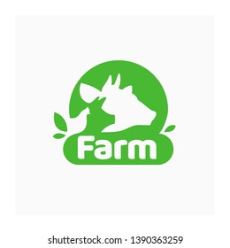 Organic Farm Icon With Cow, Pig And Chicken. Symbol For Livestock Branding. Green Vector Sign For Farmers Market, Healthy Eating, Butcher, Agricultural Business. Illustration Domestic Animals