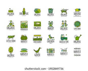 Organic Farm Icons For your Design. Harvest Festival. Agriculture collection. Organic farming eco concept. Fresh products, locally grown and organic food. Farmer's Market. Vector illustration