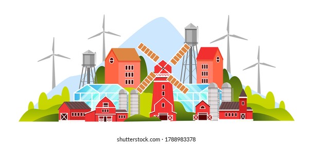 Organic farm illustration with village houses, mill, barn, wind turbine, green hills. Rural farming concept in flat style with eco village, greenhouse, cottages, water tower. Agriculture smart city 