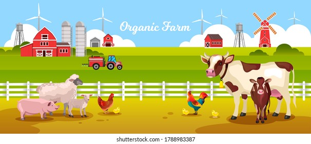 Organic farm landscape with cow, pig, sheep, lamb, chicken, rooster, fence, tractor, field, barn. Rural landscape with farming animals, wind turbine, mill, water tower. Agriculture vector background