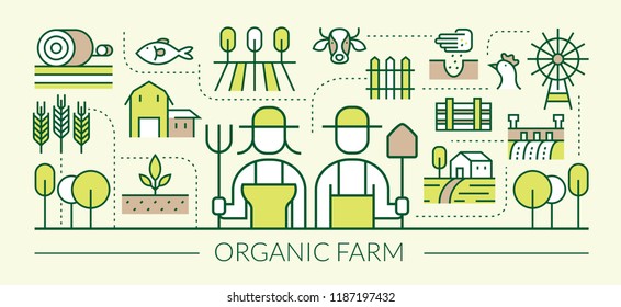 Organic Farm Line Icons Banner, Agriculture, Farmers, Plantation, Gardening, Decoration