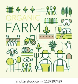 Organic Farm Line Icons Set, Agriculture, Farmers, Plantation, Gardening, Decoration