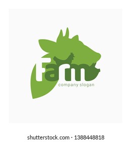 Organic farm logo with cow, pig and chicken. Symbol for livestock company. Green vector sign for farmers market, healthy eating, butcher, agricultural business. Illustration domestic animals