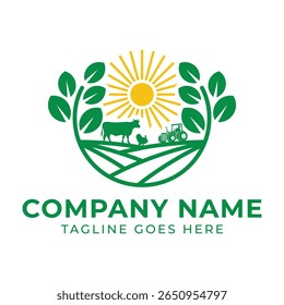Organic Farm Logo Design Featuring Animals Tractor and Sunshine Ideal for Agricultural Businesses and Sustainable Farming Ventures