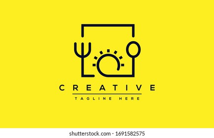 Organic farm Logo Design Template. Vector sun, knife and spoon in a line art modern style.