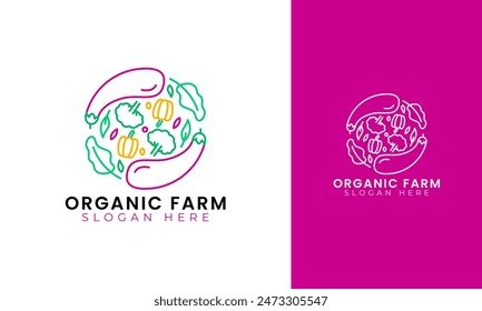 Organic farm logo design. Vegetable symbol with eggplant, tomato, lettuce, and paprika concept. Line style vegetables vector icon