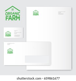 Organic farm logo. Organic food emblems. Green letters as house. Identity. Blank, business card, envelope.