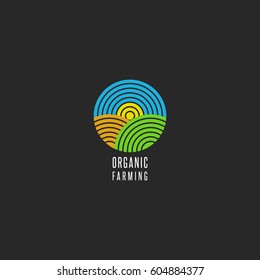 Organic farm logo round shape abstract line style agricultural landscape icon, sky, sun, field, grass for environmental emblem