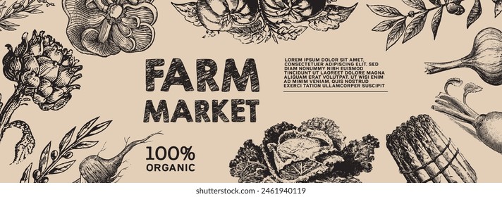 Organic Farm Market. Engraved vegetable set. Hand drawn fresh veggies. Engraving onion, mushroom, cabbage, artichoke, tomato isolated on white background. Vector illustration. Fresh cuisine kitchen.