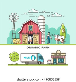 Organic Farm. Milk Production. Delivery Dairy Product. Vector Illustration In Linear Graph.