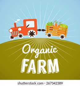 Organic Farm poster. Tractor with trailer, eco vegetable market