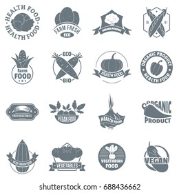 Organic farm product logo icons set. Simple illustration of 16 organic farm product logo vector icons for web