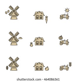 Organic farm products and agriculture fields vector icon set 