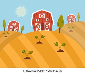 Organic Farm Products, landscape view. Barn and Harvest, eco farming. Vector illustration