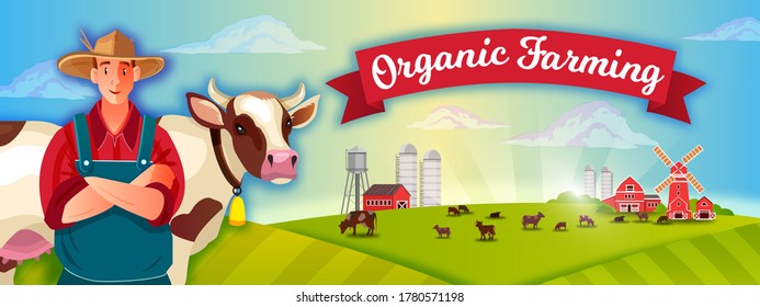 Organic farm rural landscape with young farmer, cow, livestock, mill, red ribbon, barn, clouds. Countryside farming illustration in cartoon flat style with cowboy, green fields for organic markets