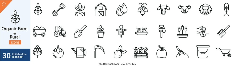 Organic Farm and Rural Line Icons Set. Collection of 30 outline icons representing sustainable agriculture, eco-friendly farming, countryside life, and rural development. Editable stroke .