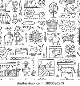 Organic Farm Seamless Pattern Background For Your Design. Harvest Festival. Agriculture Collection. Organic Farming Eco Concept. Fresh Products, Locally Grown And Organic Food. Farmer's Market. Vector