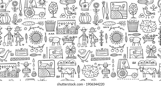 Organic Farm Seamless Pattern Background For your Design. Harvest Festival. Agriculture collection. Organic farming eco concept. Fresh products, locally grown and organic food. Farmer's Market. Vector